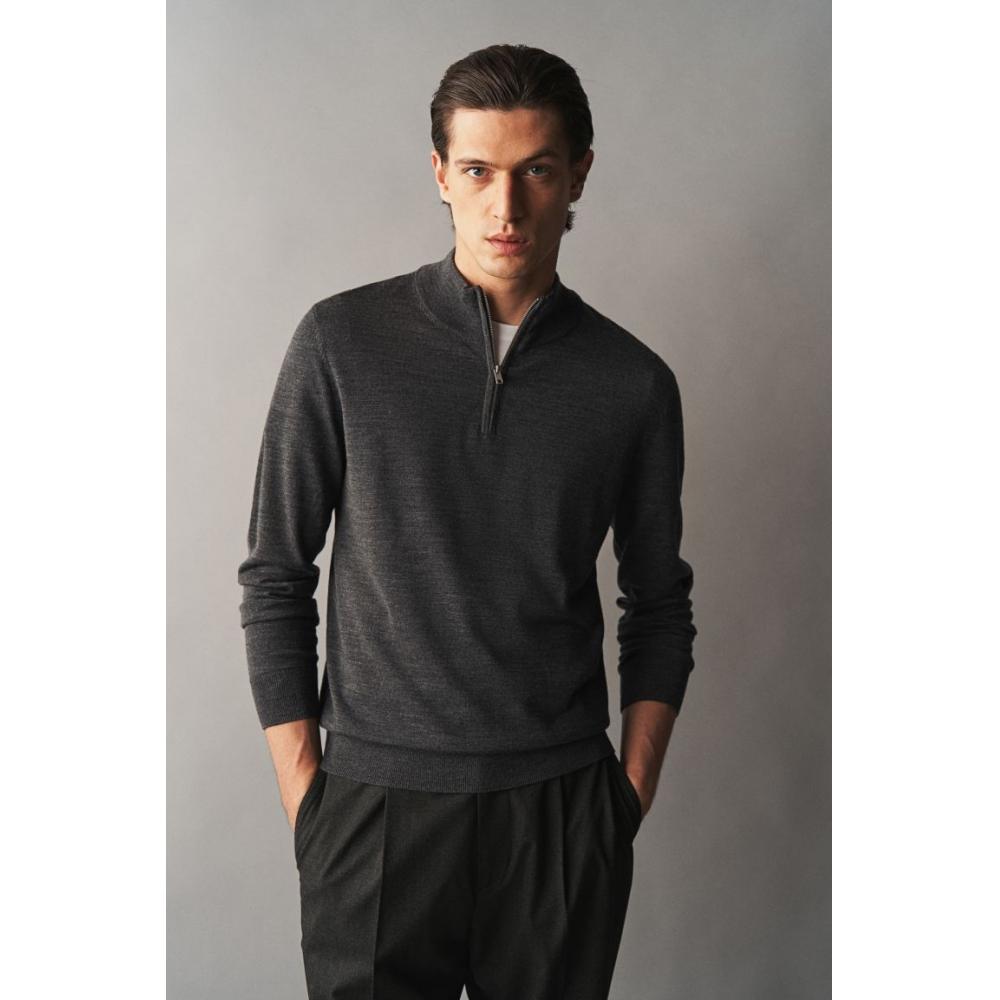 

Свитер HM slim Fit из мериносовой шерсти на молнии, темно-серый XS