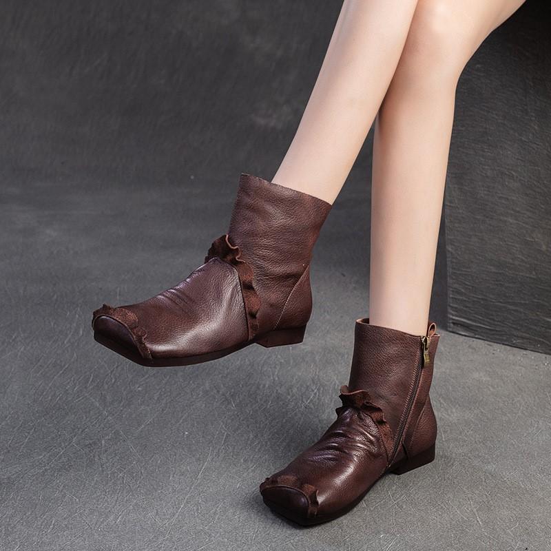 Johnature Kurze Stiefel aus weichem Rindsleder mit quadratischer Zehenpartie, vielseitige, bequeme Damenschuhe aus echtem Leder im Retro-Stil