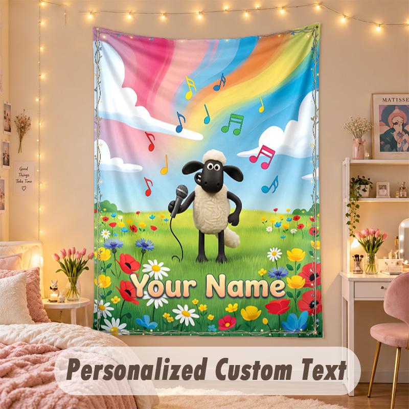 Custom Personalized Tapestry,Shaun the Sheep Print Custom Name Text Wall Art Hanging for Bedroom
