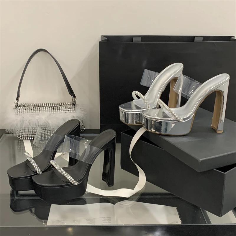 Eilyken Summer Design Style PVC Transparent Crystal Open Toe Slippers Women Chunky Platform Square Heels Shoes