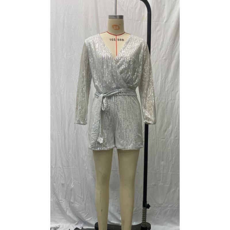 Women's Summer Sequins Long Sleeve Casual Short Jumpsuit