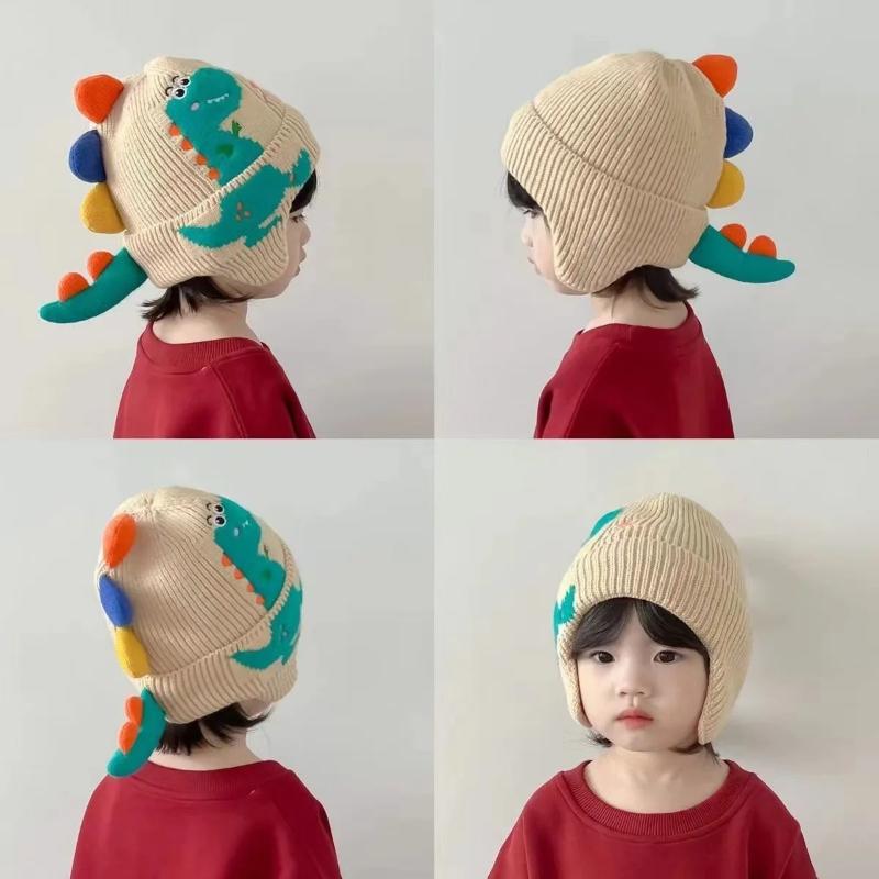 Winter Warme Baby Ohrenschutz Mütze 3D Dinosaurier Kinder Ohrenwärmer Mütze Cartoon Kleinkind Wollstrickmützen 2-6 Jahre Kinder Strickmützen