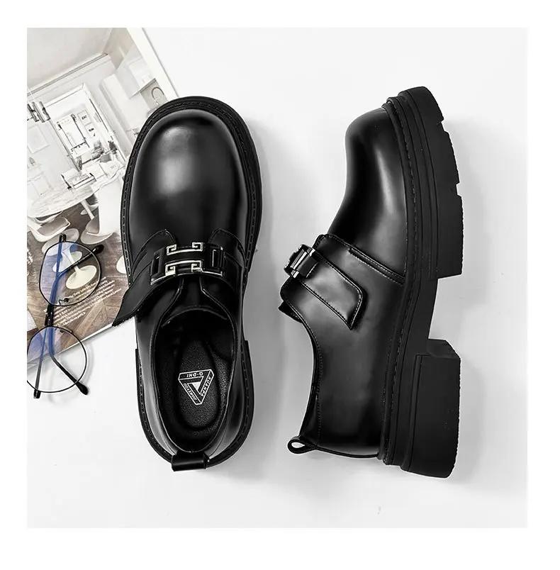 

New Ins handsome small leather shoes British style Joker black leather platform tide men s shoes dress casual Derby shoes 44 чёрный