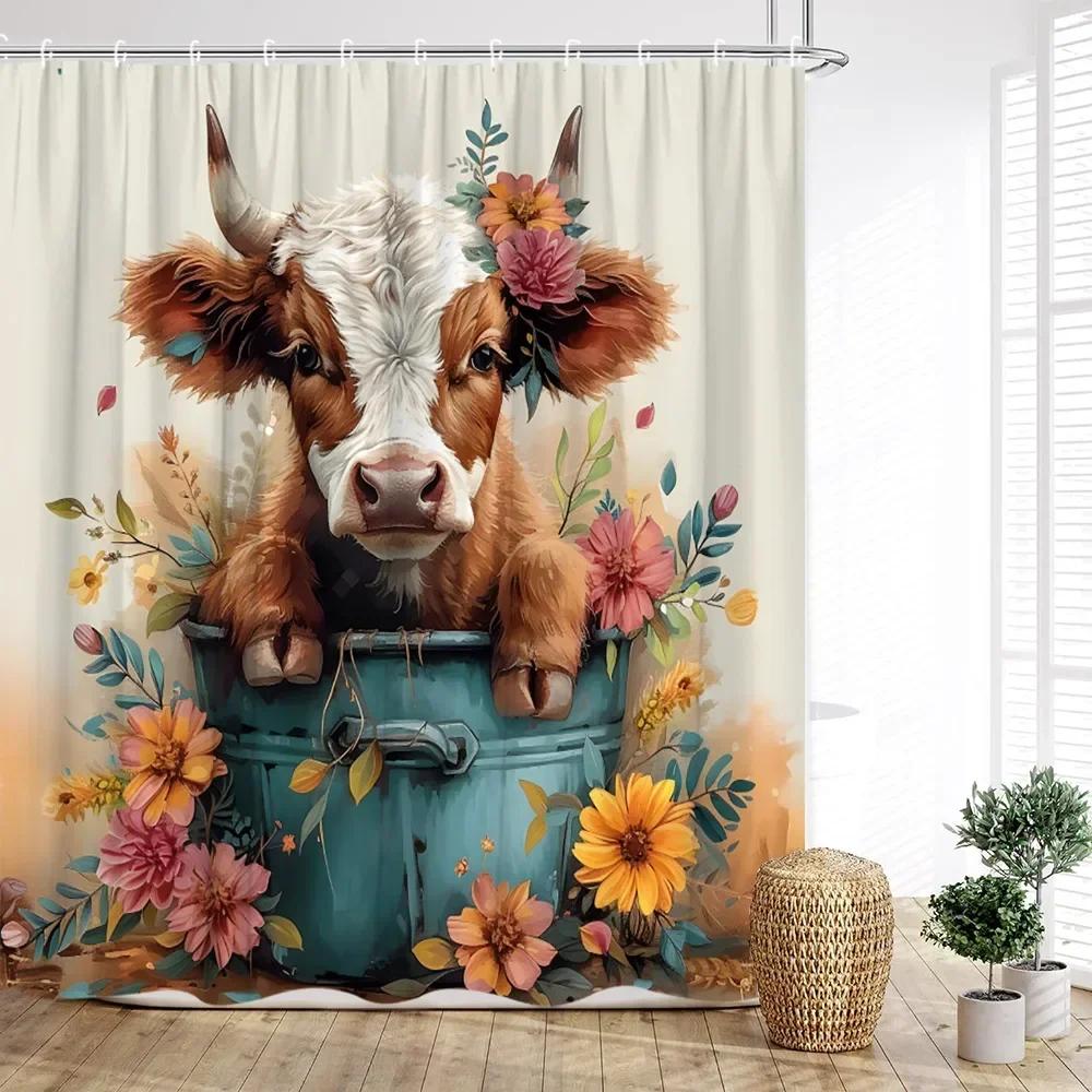 Cow Shower Curtain, Farm Animals Watercolor Spring Cartoon Rustic Plank Flower Butterfly Barrel Sunflower Cowboy Bathroom Decor