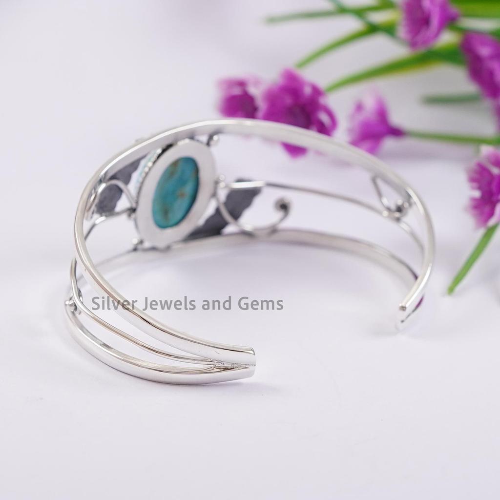 Turquoise Cuff Bracelet, Arizona Turquoise Cuff Bangle, Designer Leaf Bracelet, 925 Sterling Silver Bracelet, Engagement Bracelet