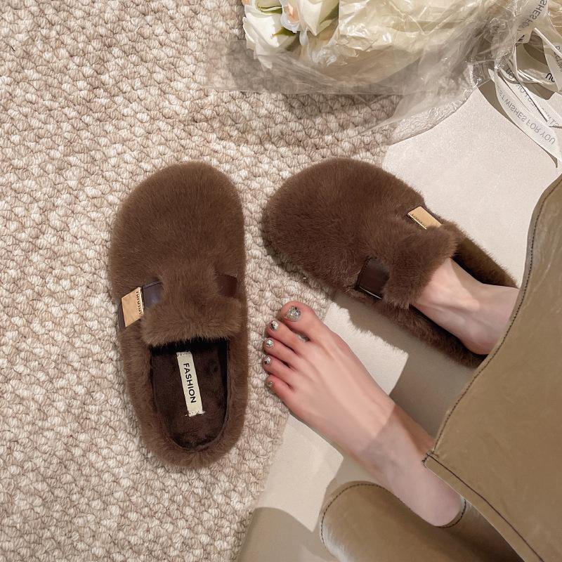 Flat-bottomed bag head fluffy slippers for women's outer wear 2025 new autumn and winter high-end one-pedal mink plush cotton slippers