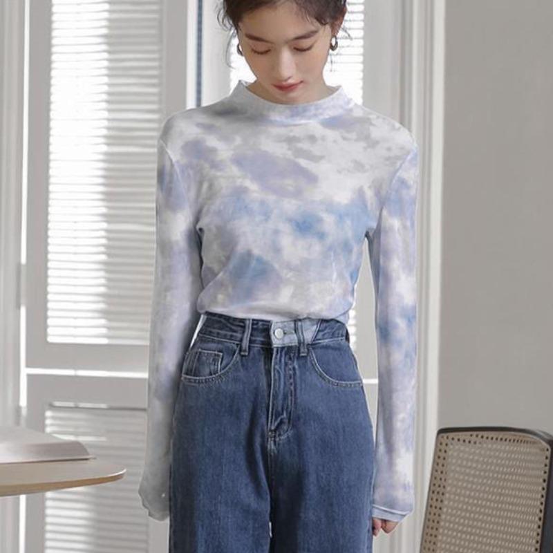 Tie-Dye Mesh Base Layer for Women Summer Ice Silk Thin Long-Sleeve Inner Sun Protection Top T-Shirt – Trendy