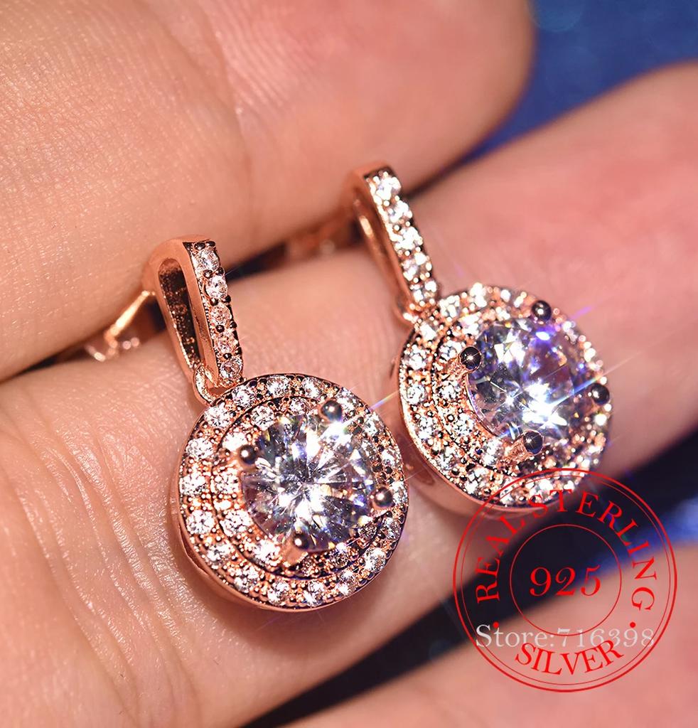 925 Sterling Silver Cubic zirconia Round Stud Earrings For Women Grils Bridal Earring Female pendientes mujer moda