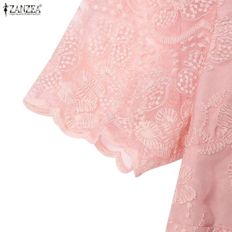 ZANZEA Women Casual Round Neck Summer Lace Patchwork Short Sleeve Dress