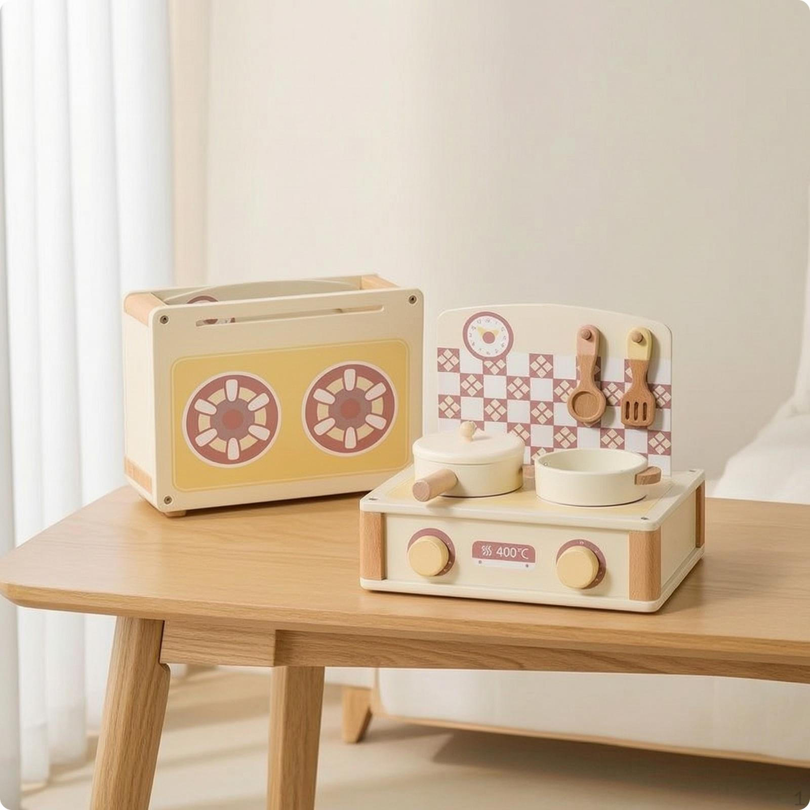 Tabletop Culinary Play Set Pretend Wooden Kitchen Playset Compact Cooking with Utensils for