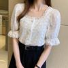 Summer White Cotton Lace Shirt Women Square Collar Short Sleeve Tops Shirts Women Hollow Out Vintage Elegant Blouse Blusas