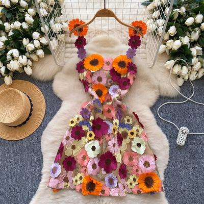 Niche French Design Sense Three-dimensional Flower Mesh Embroidery Waist Slim Suspender A-word Dress Short Skirt