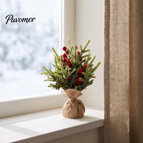Seasonal Home Decoration Desktop Miniature Christmas Tree with Red Berries, Artificial Mini Pine Burlap Plant for Base, Tabletop Faux Small
