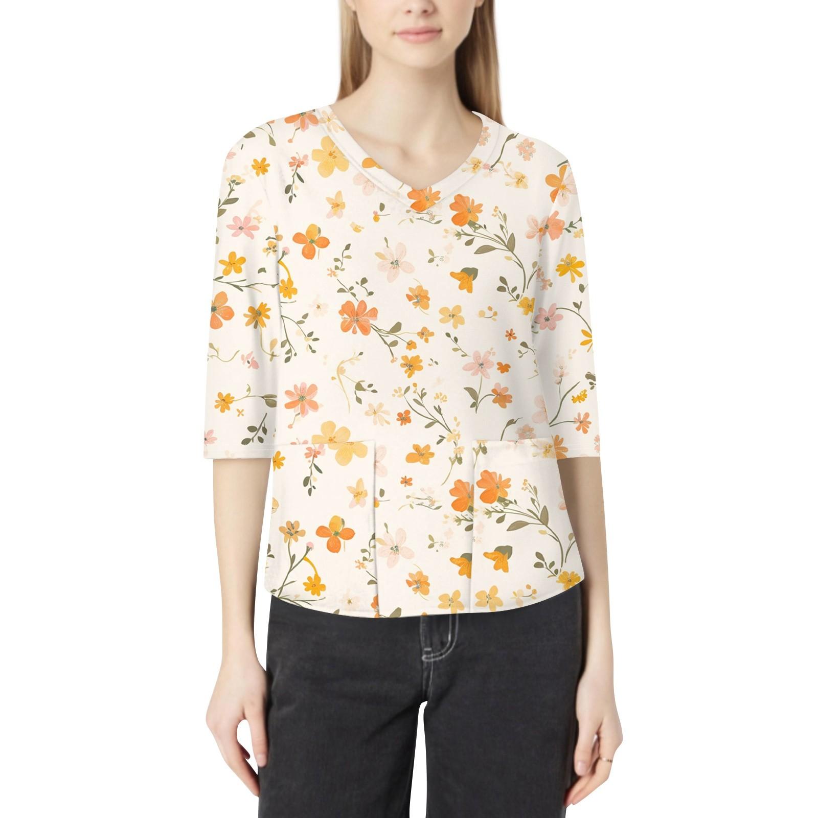 

Модний жіночий робочий одяг з V-подібним вирізом і рукавами 3/4, вільні топи з кишеньковими принтами L помаранчевий