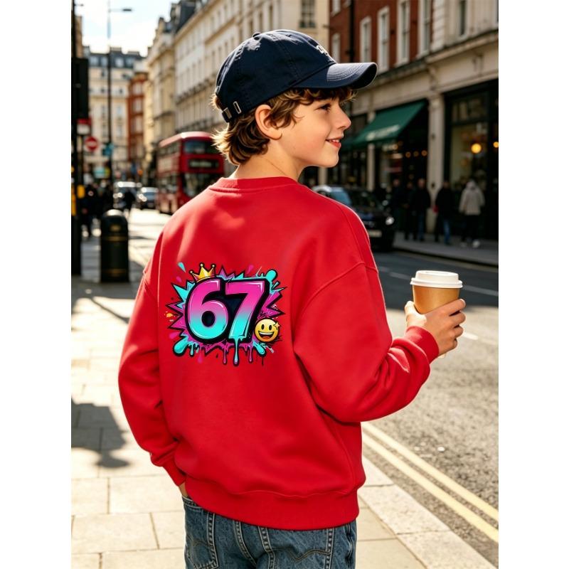Unisex Kids Crewneck Sweatshirt, Gradient Graffiti Crown Smile Face 67 Print Pullover, Boys Girls Birthday Sweatshirt For Kids Over 4 Years Old