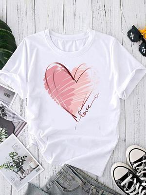 (Asiatische Größe) Liebesherz Trend Stil Kurzarm T-Shirts Damen Oberteil Druck Rundhalsausschnitt Mode Damen Lässig T Kleidung Grafik T-Shirt