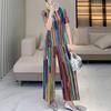 Rainbow Stripe Pleated Two-Piece Set: Round Neck Top & Loose Straight-Leg Pants for Women