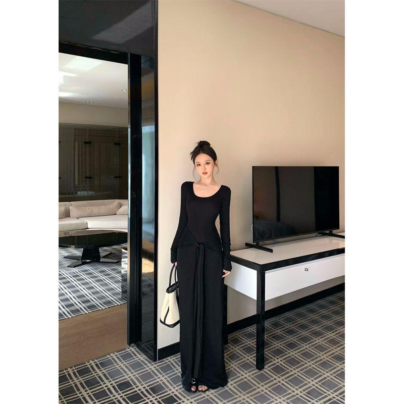 Kumikumi Pure Desire Style Sexy Temperament Lace-up Solid Long sleeve dress Women Autumn Waist Hugging Slimming A- line Skirt