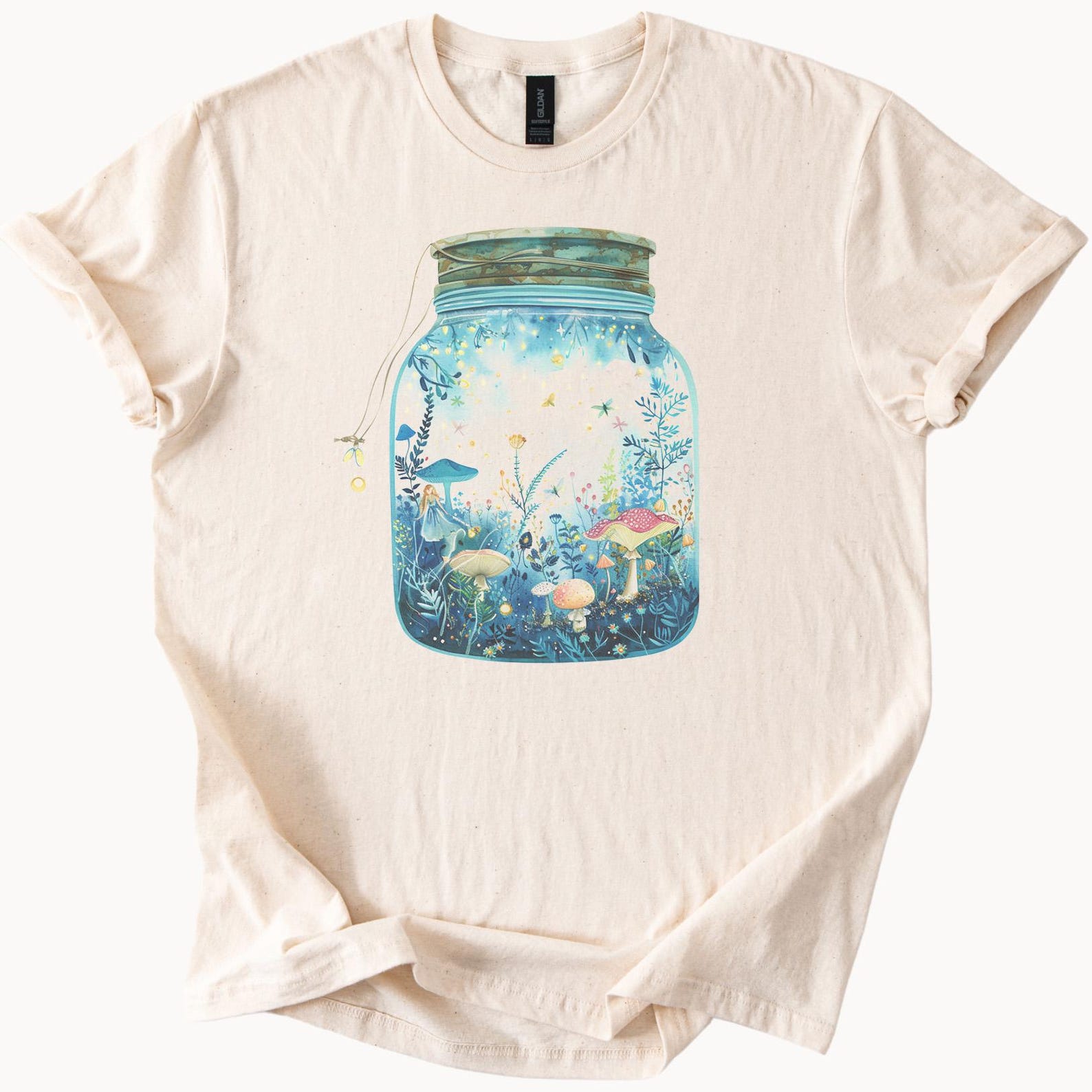 Mushroom Jar T Shirt Botanical Fairycore Graphic Tee Whimsical Forest Nature Aesthetic Cottagecore Firefly Glow Shirt 140