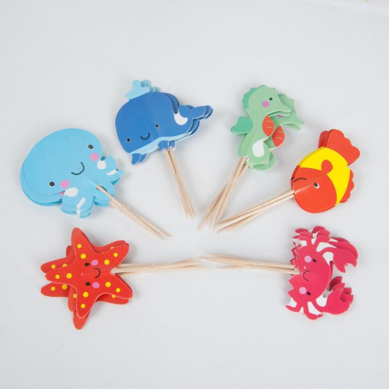 24Pcs Ocean Animal Cupcake Toppers Under The Sea Birthday Party Cake Decorations Baby Shower Girls Mermaid Themed Party Supplies