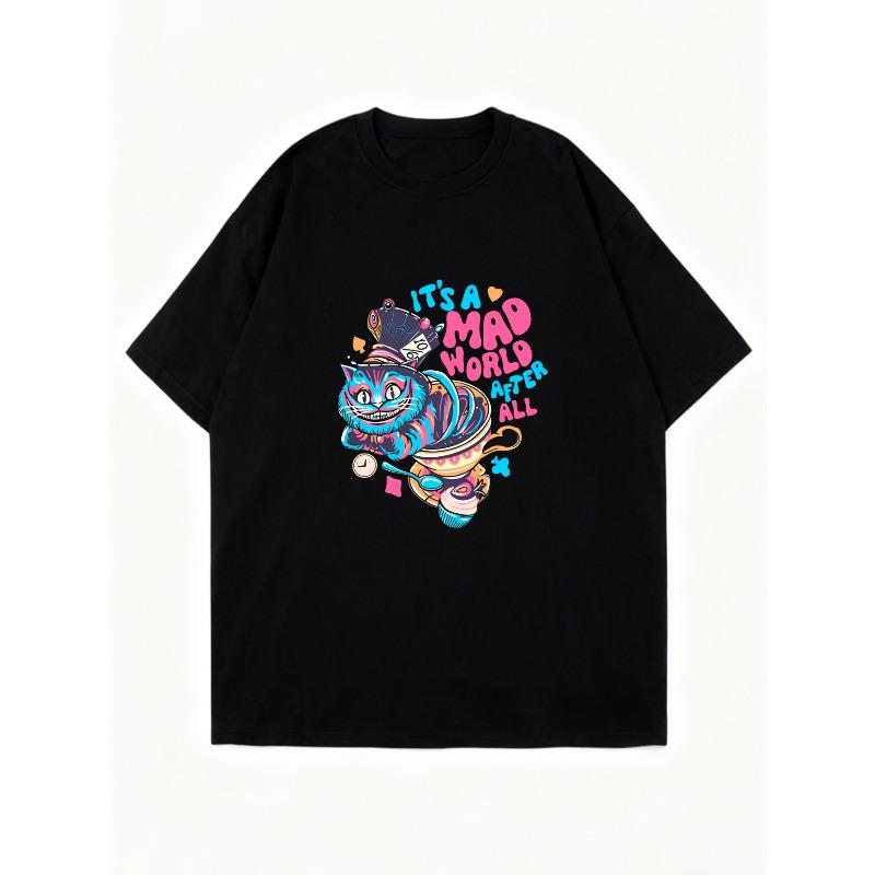 Oversized T-Shirt Black Mad Hatter And Cheshire Cat Print With Its A Mad World After All Text For Casual Wear And Street Style
