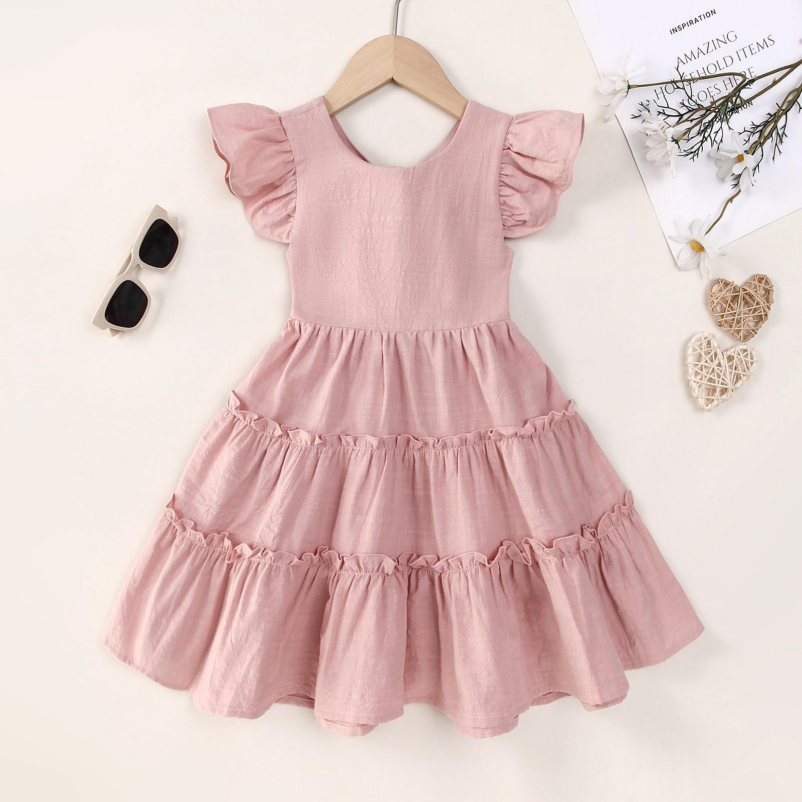 

Летнее детское удобное и повседневное платье принцессы с маленькими рукавами-крылышками и круглым вырезом для девочек 80