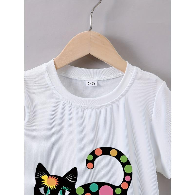 European Size Childrens Summer Short Sleeve "Colorful Spotted Black Cat" Print T-Shirt