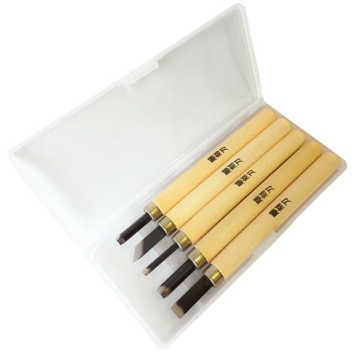 Set of 5 carving knives with case: flat blade, carving blade, triangular blade, round blade