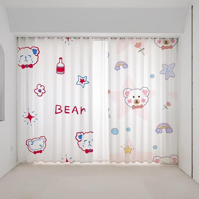 Cartoon Pink Strawberry Cute Bunny Puppy Kitten Print High Shading Curtain Bedroom Living Room Blinds Curtain New Beauty Pattern