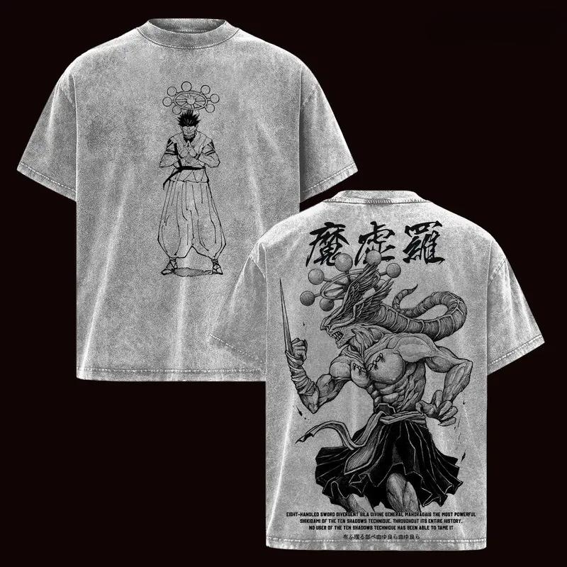 Hot Anime Jujutsu Kaisen Ryomen Sukuna Mahoraga Clothing Men Tshirts Washed Cotton Tee Retro Oversized T-shirt Harajuku T Shirt
