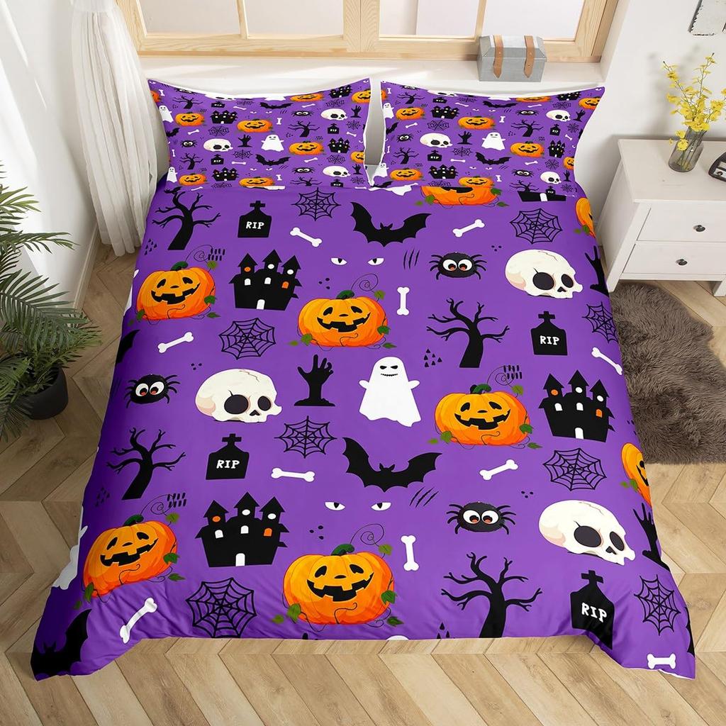 Halloween Duvet Cover Sugar Skull Head Bedding Set Queen/Full Size, Spooky Scary Bats Skeleton Comforter Cover for Teens Youth