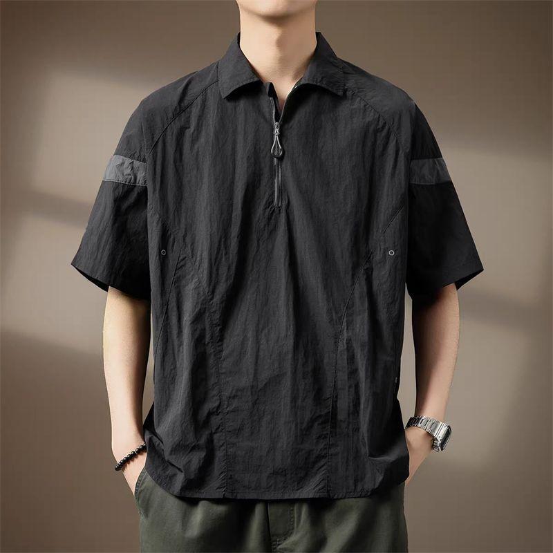 Men Half Zip Contrast Panel Short Sleeve Polo Shirt Oversized Casual Lapel Shirt for Men
