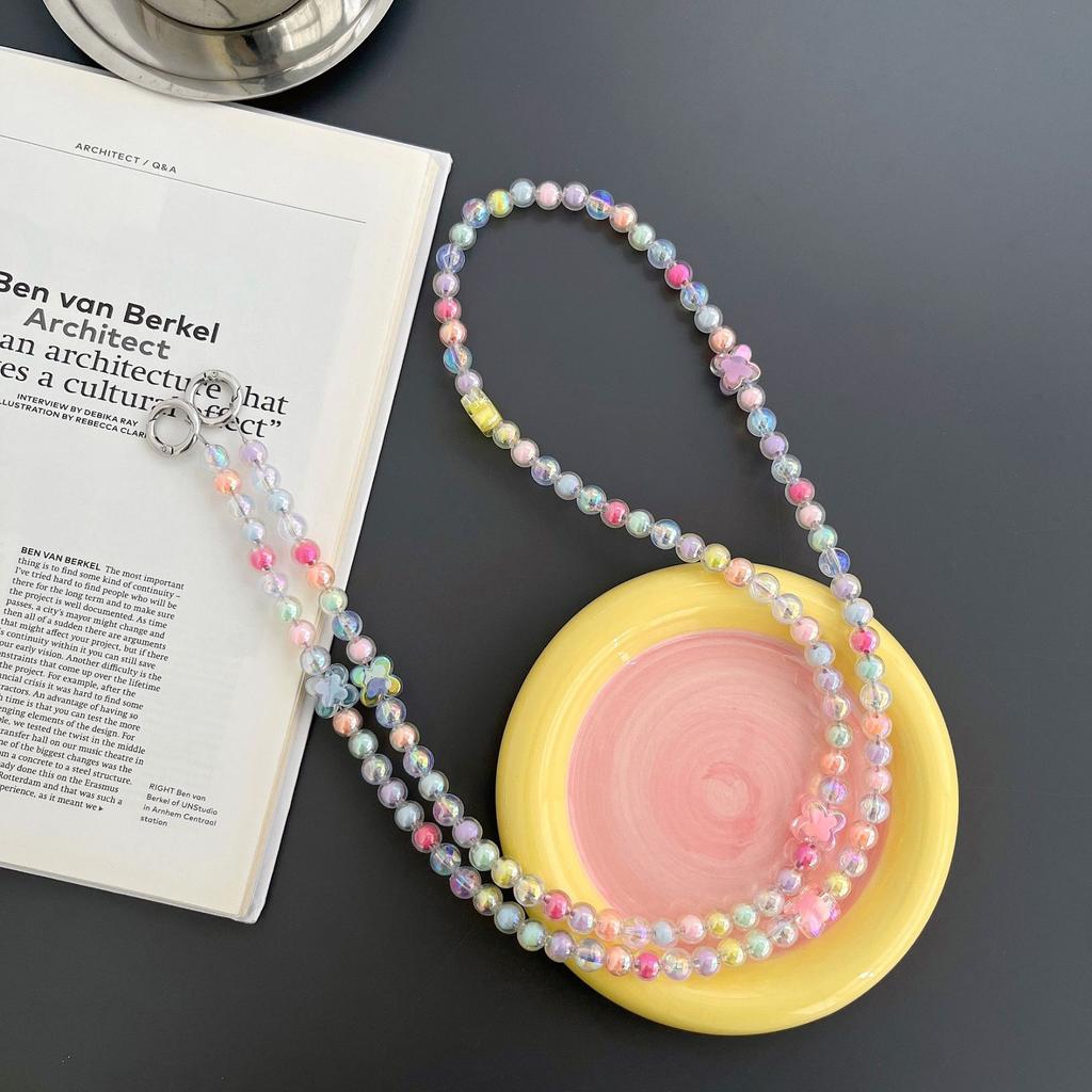 Girl color beaded mobile phone case long chain lanyard diagonal span women's new dopamine hanging chain niche