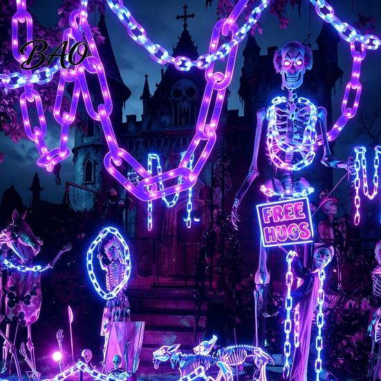 Festive Porch Tree Ornament Halloween Chain Lights, Waterproof Bright Orange/Purple LED Lighting, Plastic Unique Holiday Decoration Link Lights