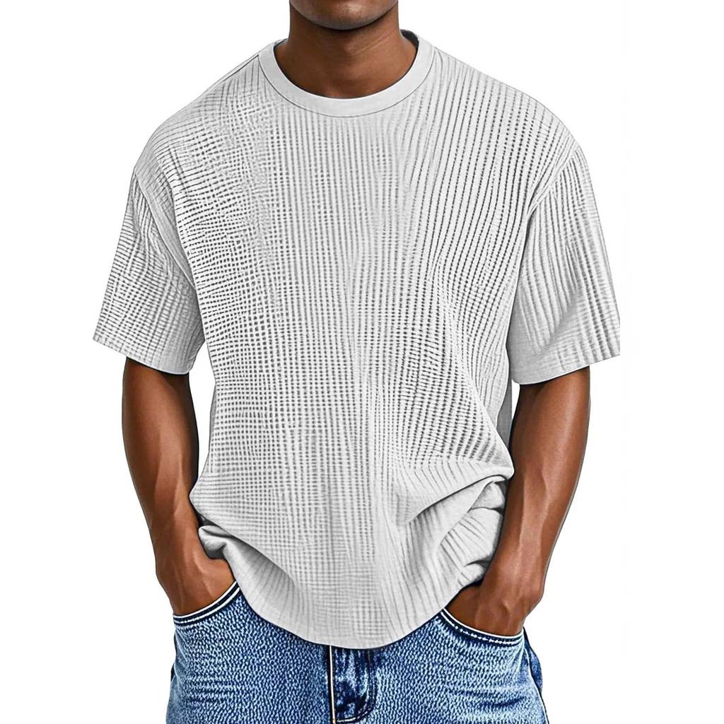 Men's Vertical Striped Textured Crew Neck T-Shirt Loose Fit Breathable Short Sleeve Casual Tee