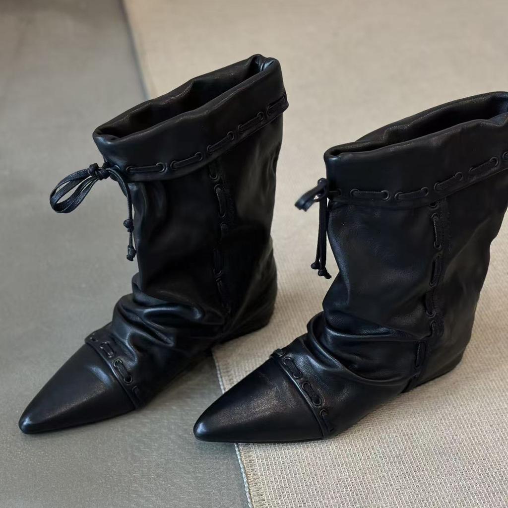 Cowhide version~ retro pleated pointed pile short boots women's 2025 new Maillard western cowboy boots Martin boots