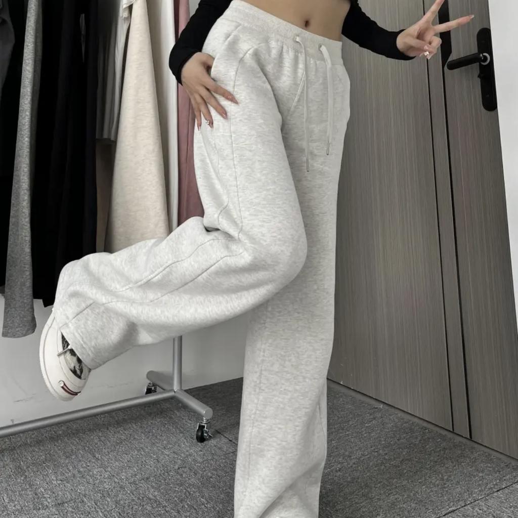 Autumn and winter sweatpants fleece sweater pants women's wide-leg pants loose high-waisted sports straight pants warm and casual