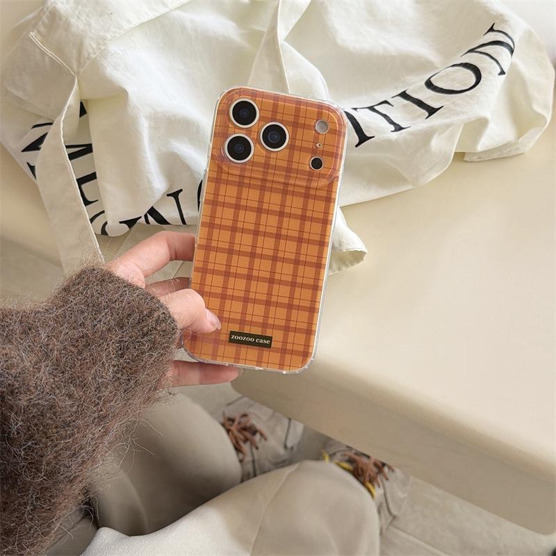 

Autumn/Winter Orange-Brown Plaid iPhone 17 Pro Max Case - Trendy Double Layer Design iPhone 13