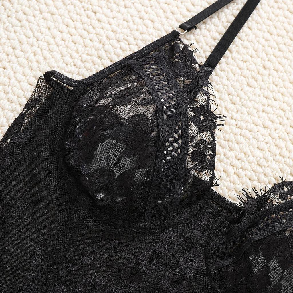 European & American Black Lace Strappy Lingerie Set - See-through Temptation Pajamas 2025