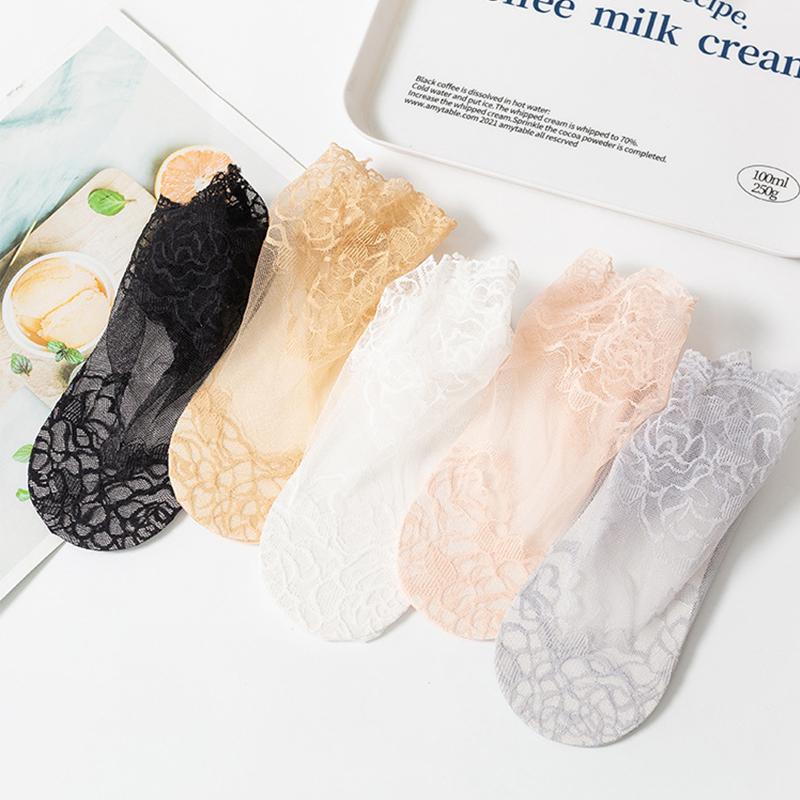 Socks Women's Lolita Lace Fashion Transparent Invisible Thin Cotton Non-Slip Short Ankle Black White Print Ruffles Boat Sock
