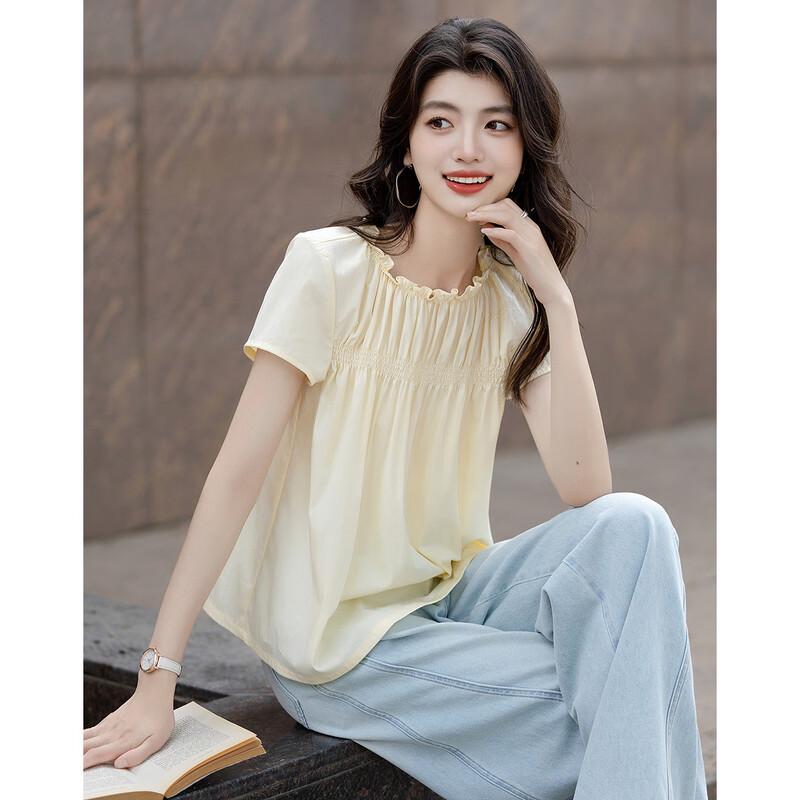 

Demana Women s Summer Cotton Blend Elastic Round Neck Shirt L