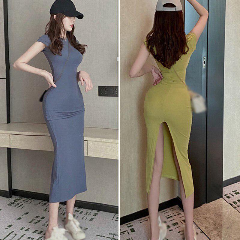 Women's Solid Color Casual Sexy Slit Bodycon Dress Summer Sleeveless Ladies Mid-length Vestidos