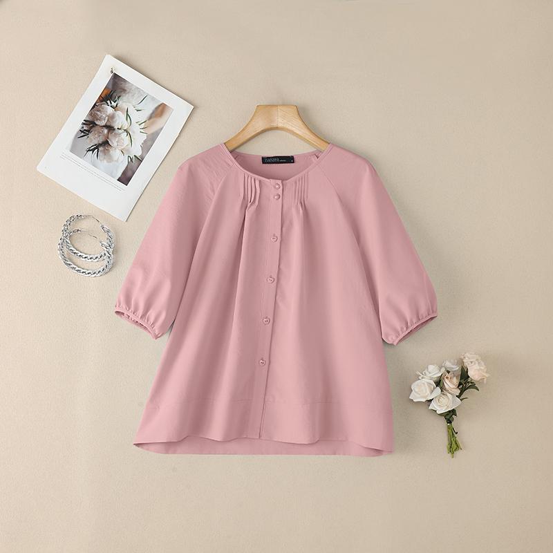 ZANZEA Women Casual Round Neck Half Sleeve Loose Plain Blouse