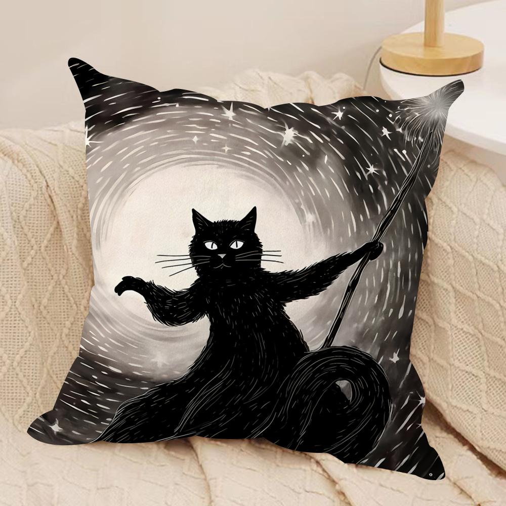 Black Cat Night Cool Cushion Cover Silky Short Plush Invisible Zipper Dustproof Sofa Pillow Case For Home Decor