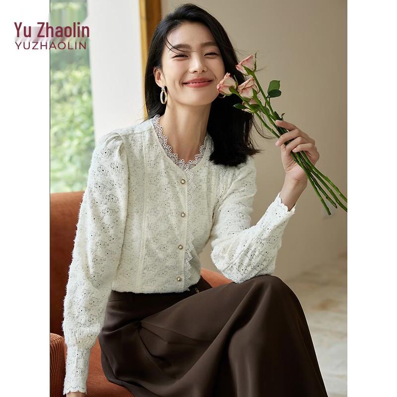 Women s French Style Thickened Lace Pearl Button Long Sleeve Shirt M