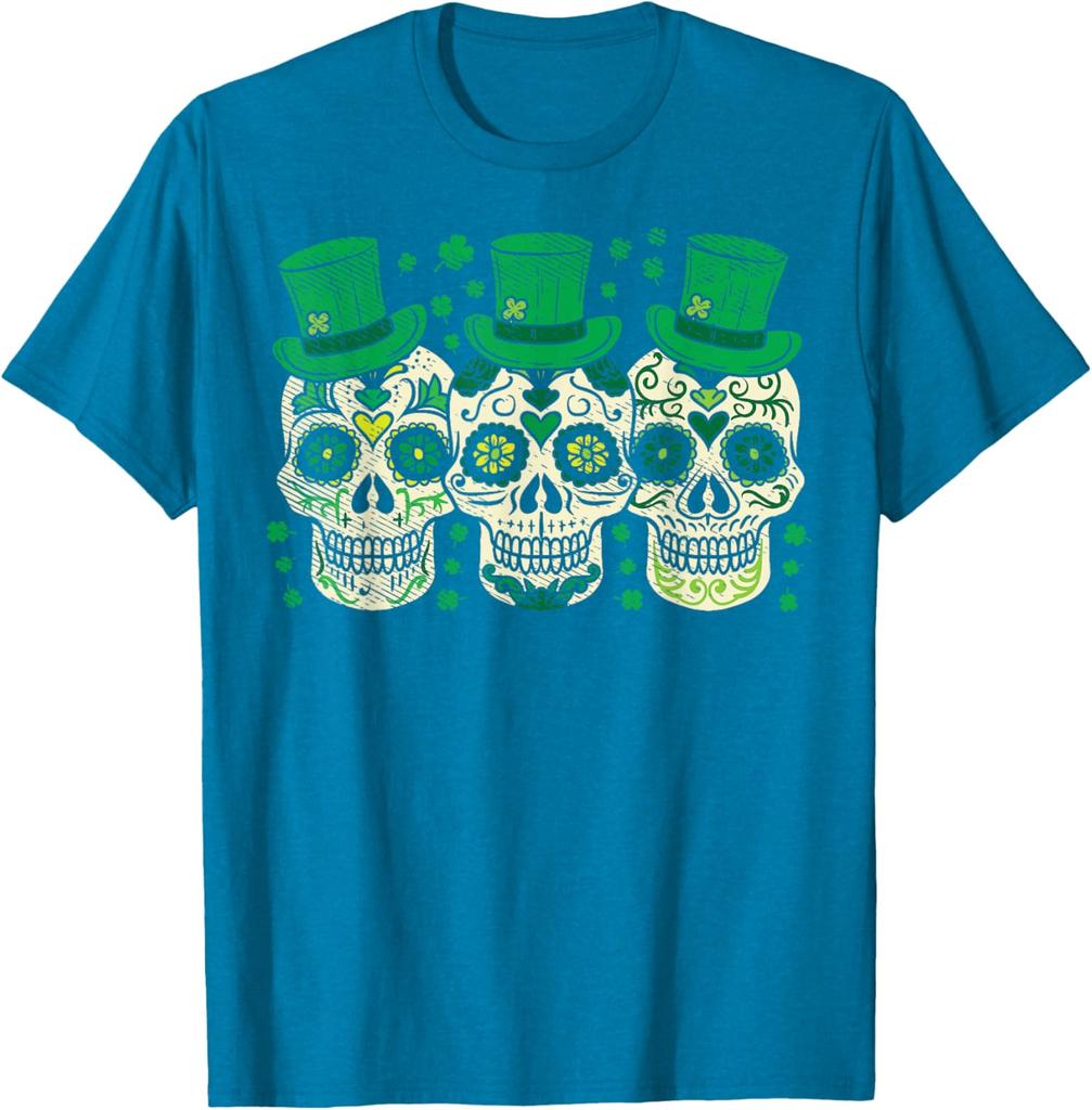 Irish Sugar Skull Leprechaun St Patricks Day Graphic Tee Men Casual Cotton T-Shirt