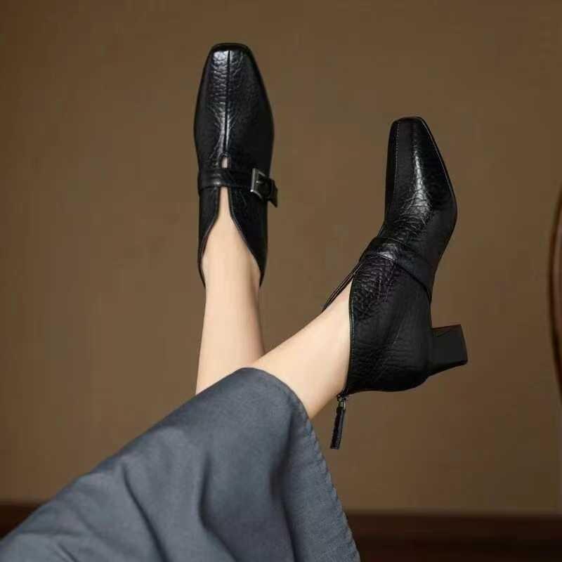 

Small square head short boots women s thick heel autumn and winter new soft leather boots versatile retro high heel thin boots 40