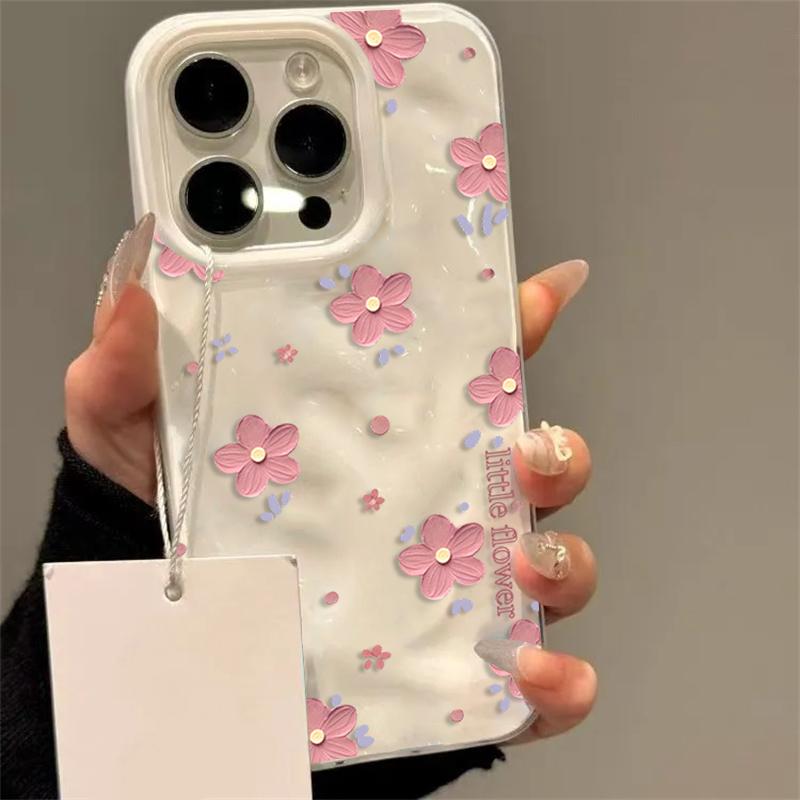 Elegant Pink Flower Phone Case For IPhone 17 Air 16 Plus 15 14 13 12 11 Pro Max Soft Silicone Wave Texture Protective INS Cover