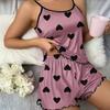 FINETOO Cute Heart Print Satin Sleepwear Set Women Spaghetti Strap Ice Silk Pajamas Short Sleeveless Breathable Lounge Suit Girls Gifts