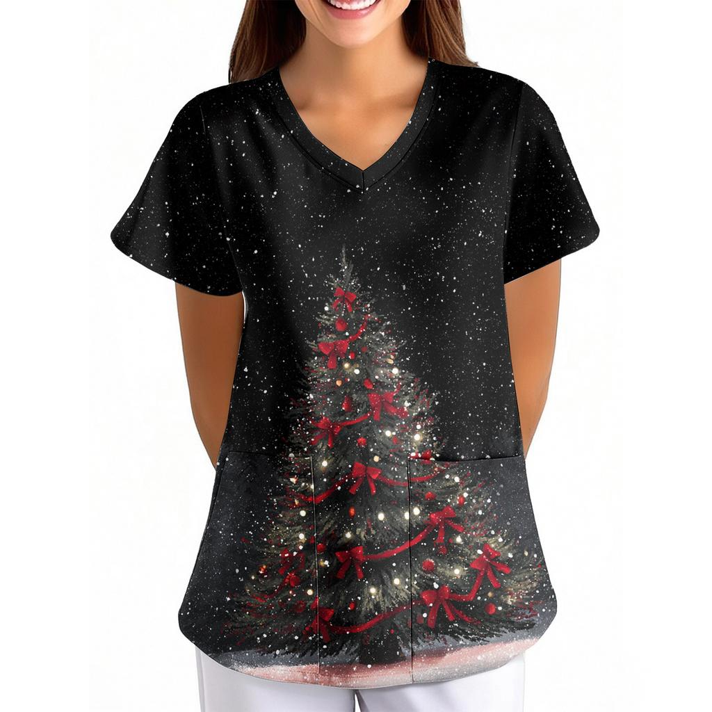 Women's Christmas Print Loose V-Neck Pocket Short-Sleeved Uniform